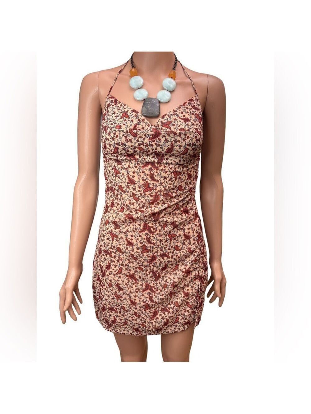 Beginning Boutique Light Beige and Brown Floral Strappy Mini Dress Size 8